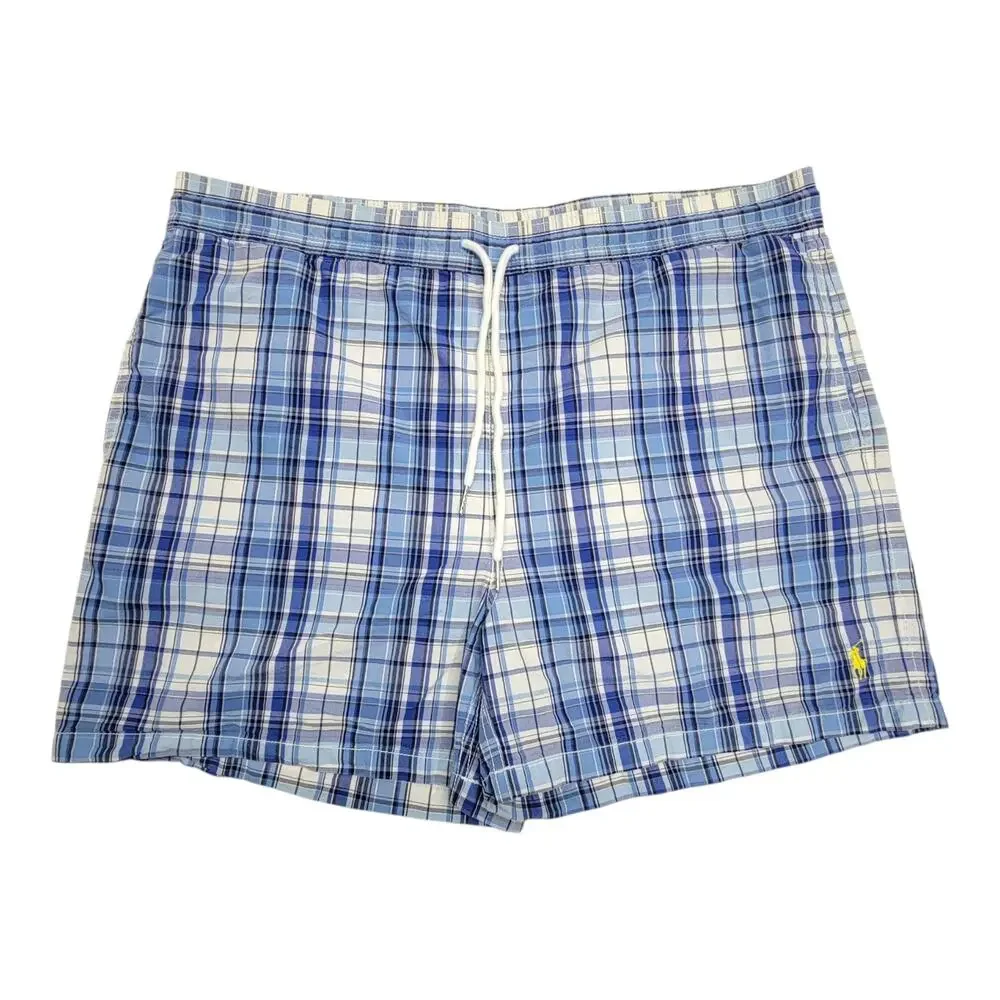 Polo Ralph Lauren Mens L Swim Trunks Blue Plaid Board Shorts Bathing Suit Pony